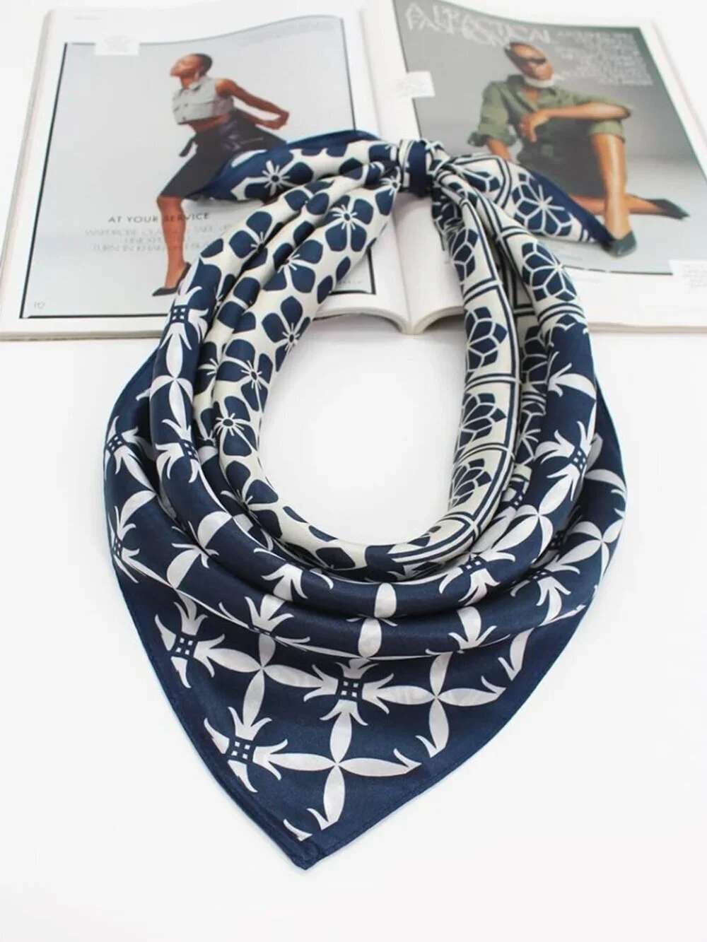 Women's Nvay Blue Cream White Scarf for Hair Digital Printed Headscarf Silk